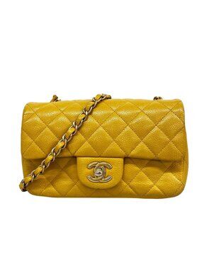 Chanel Shoulder Bag Mini Quilted Caviar Leather Yellow Gold